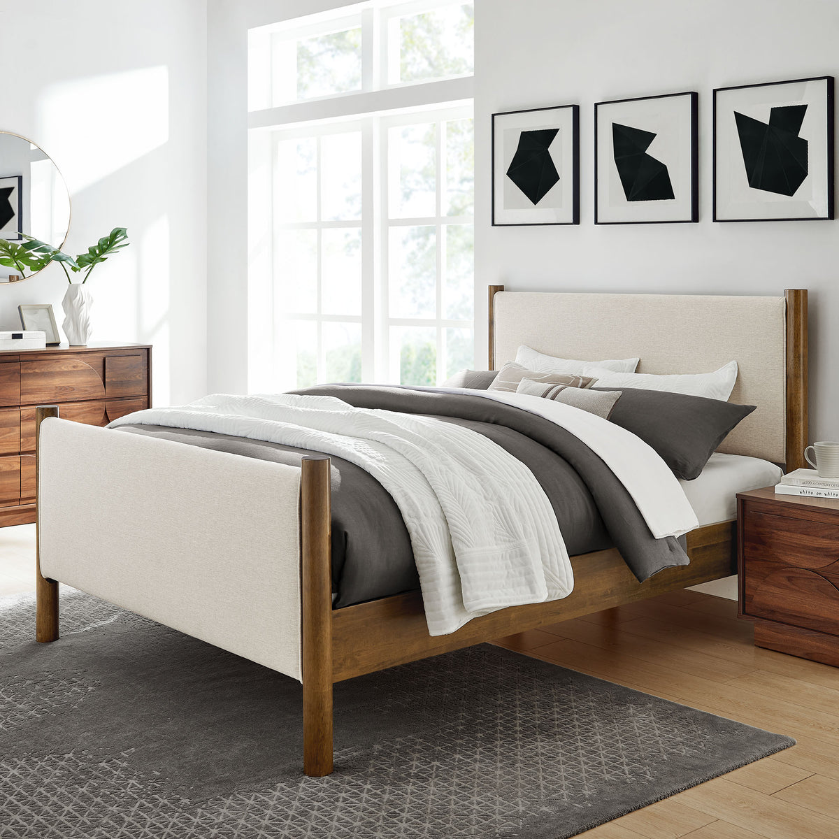 Maven Ivory/Walnut King Size Fabric Upholstered Platform Bed - Ornate Home