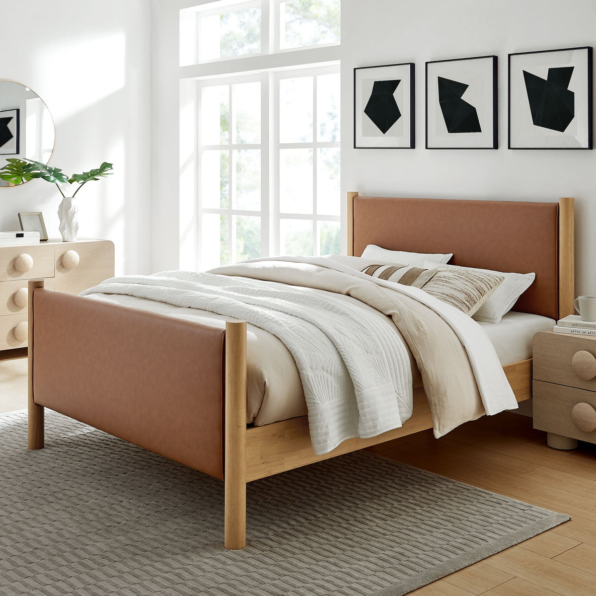 Maven Tan/Oak Queen Size Vegan Leather Upholstered Platform Bed - Ornate Home