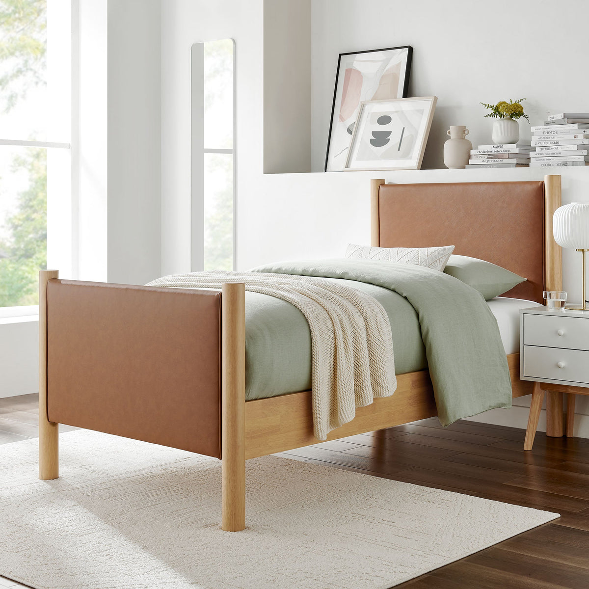 Maven Tan/Oak Twin Size Vegan Leather Upholstered Platform Bed - Ornate Home