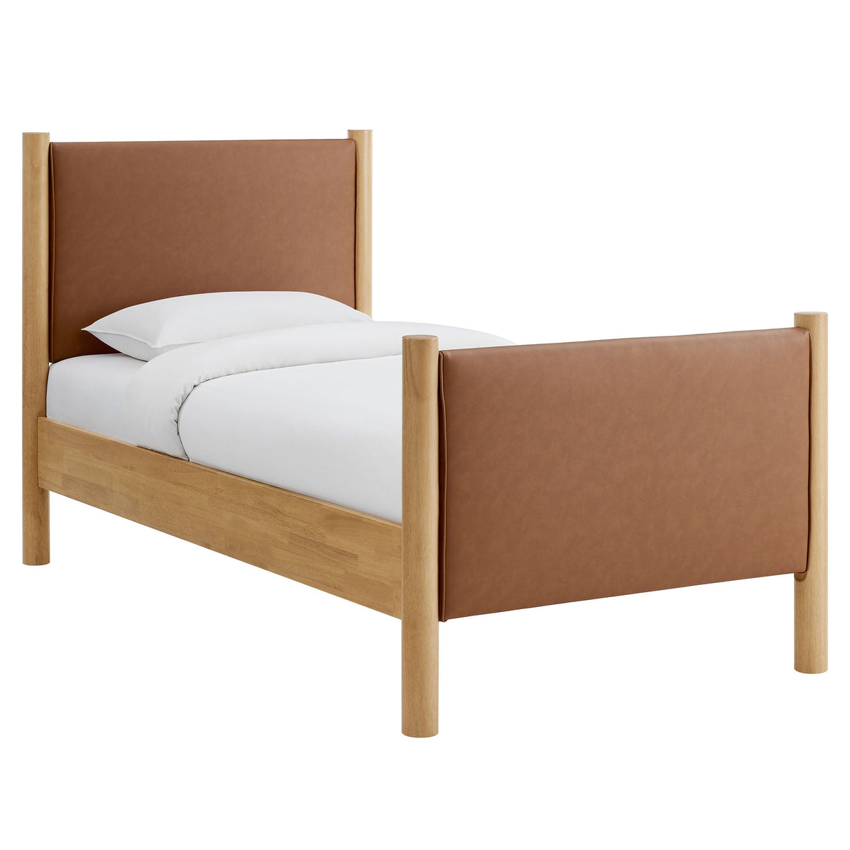 Maven Tan/Oak Twin Size Vegan Leather Upholstered Platform Bed - Ornate Home