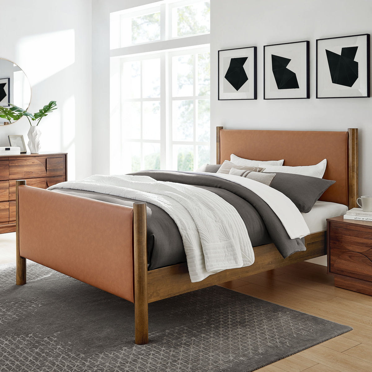 Maven Tan/Walnut Full Size Vegan Leather Upholstered Platform Bed - Ornate Home