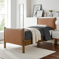 Maven Tan/Walnut Twin Size Vegan Leather Upholstered Platform Bed - Ornate Home