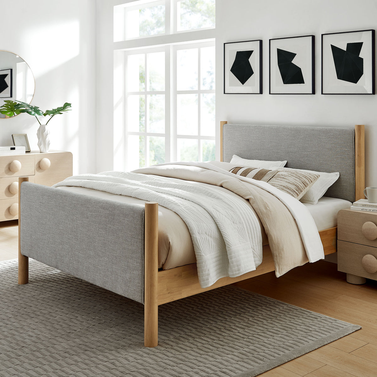 Maven Wheat/Oak Queen Size Fabric Upholstered Platform Bed - Ornate Home