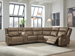 Max-Media Biscotti 6-Piece Power Reclining Sectional with Audio Console and Power Armless Recliner - Ornate Home