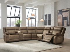 Max-Media Biscotti 7-Piece Power Reclining Sectional with Audio Consoles and Power Armless Recliner - Ornate Home