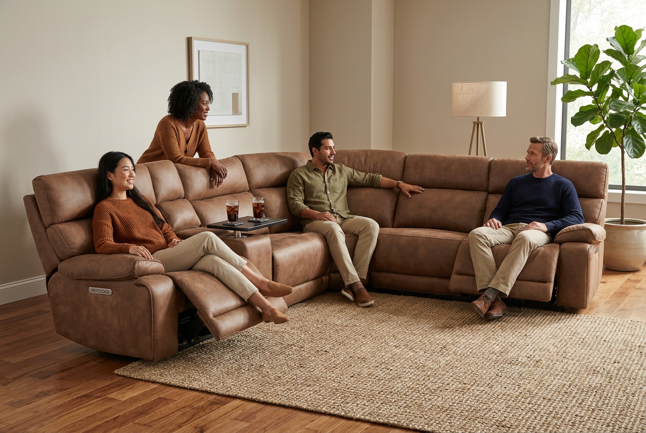 MaxView Media Mocha 6-Piece Power Reclining Sectional with Immersive Sound System - Ornate Home