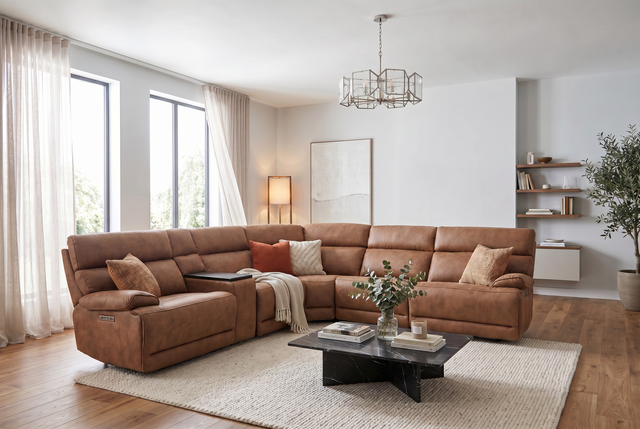 MaxView Media Mocha 6-Piece Power Reclining Sectional with Immersive Sound System - Ornate Home