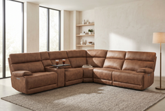 MaxView Media Mocha 6-Piece Power Reclining Sectional with Immersive Sound System - Ornate Home