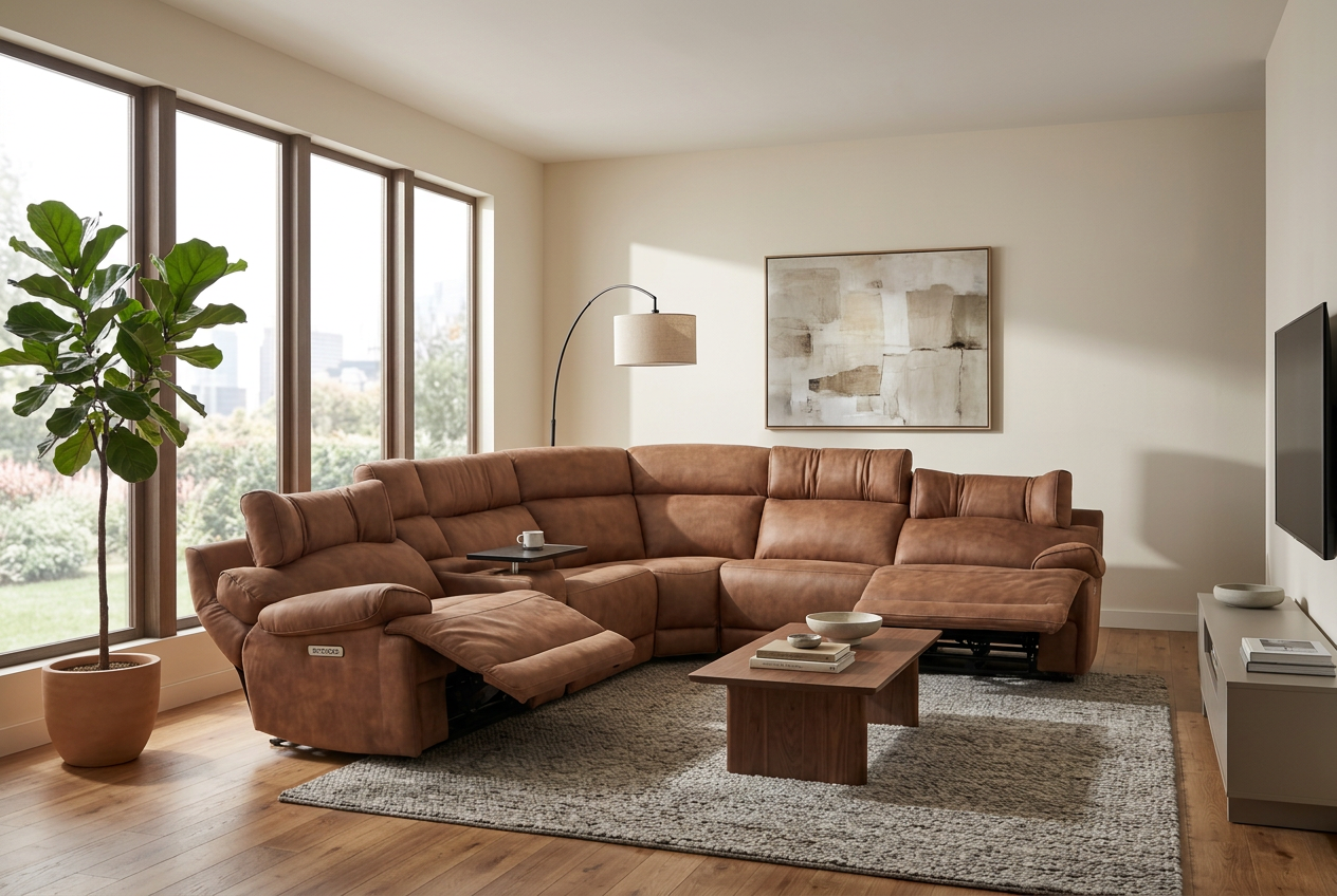 MaxView Media Mocha 6-Piece Power Reclining Sectional with Immersive Sound System - Ornate Home