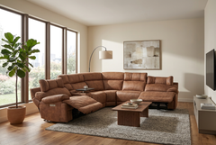 MaxView Media Mocha 6-Piece Power Reclining Sectional with Immersive Sound System - Ornate Home