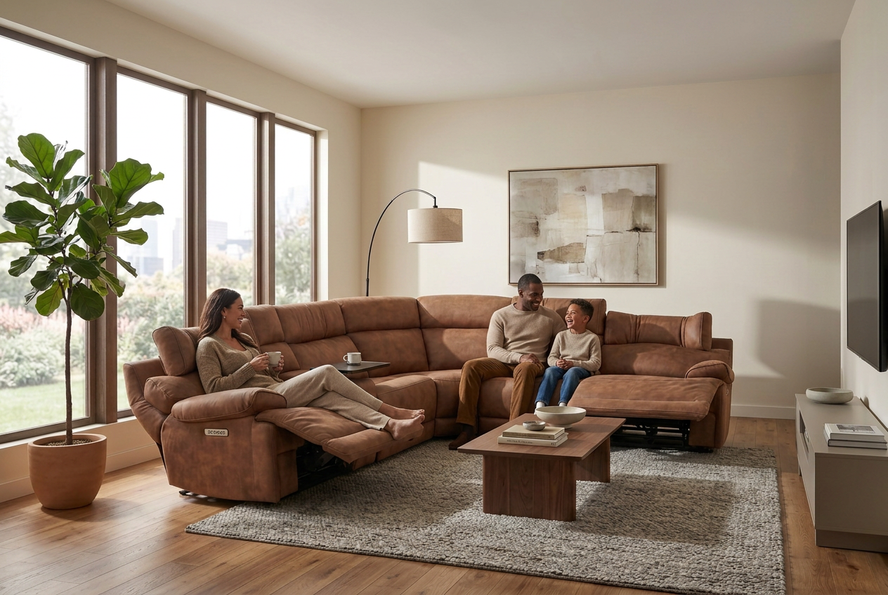 MaxView Media Mocha 6-Piece Power Reclining Sectional with Immersive Sound System - Ornate Home