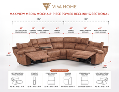 MaxView Media Mocha 6-Piece Power Reclining Sectional with Immersive Sound System - Ornate Home