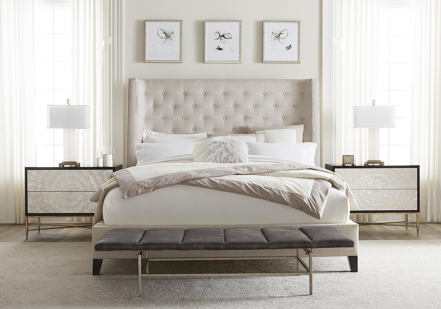 Maxime White/Cream Fabric Shelter King Bed - Ornate Home