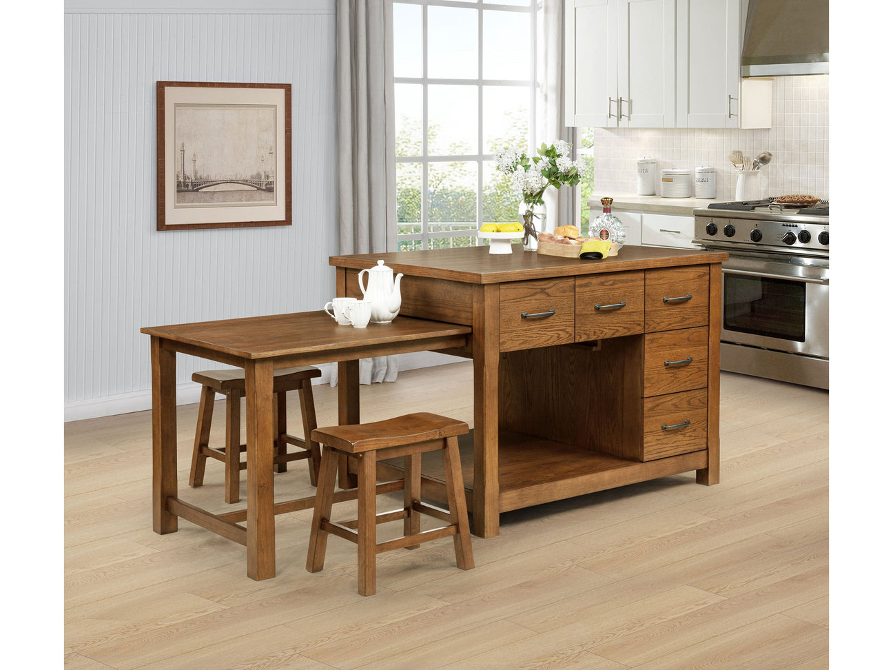 Mayfair Dark Oak 3-piece Kitchen Island with Extension Table - Ornate Home
