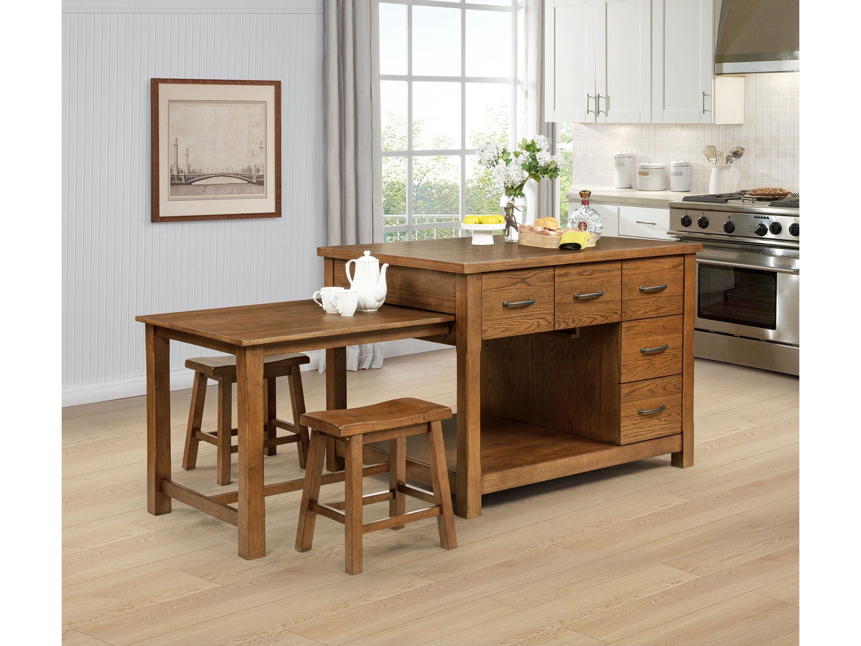 Mayfair Dark Oak 3-piece Kitchen Island with Extension Table - Ornate Home