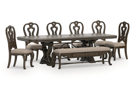Maylee Dark Brown Dining Table, 6 Chairs and Bench - Ornate Home