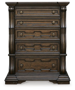 Maylee Dark Brown King Panel Bed, Dresser, Mirror, Chest and Nightstand - Ornate Home