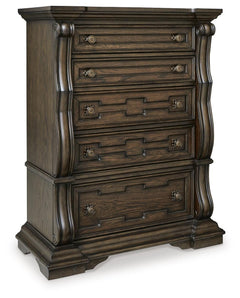Maylee Dark Brown King Panel Bed, Dresser, Mirror, Chest and Nightstand - Ornate Home