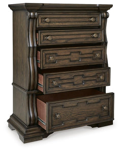 Maylee Dark Brown King Panel Bed, Dresser, Mirror, Chest and Nightstand - Ornate Home