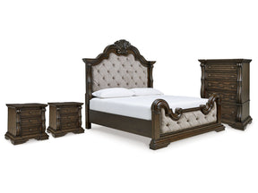 Maylee Dark Brown King Upholstered Panel Bed, Chest and 2 Nightstands (Online Special Price) - Ornate Home