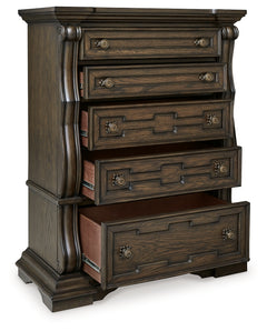 Maylee Dark Brown King Upholstered Panel Bed, Chest and 2 Nightstands - Ornate Home