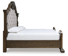 Maylee Dark Brown King Upholstered Panel Bed and Dresser - Ornate Home