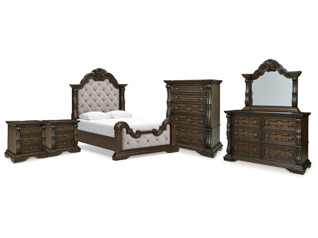 Maylee Dark Brown Queen Panel Bedroom Set with Dresser, Mirror, Chest and 2 Nightstands - Ornate Home