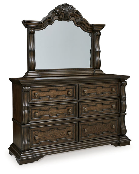 Maylee Dark Brown Queen Panel Bedroom Set with Dresser, Mirror, Chest and 2 Nightstands - Ornate Home