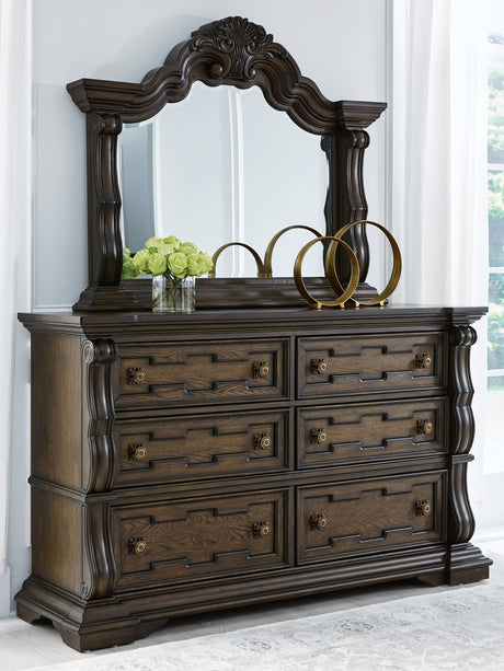 Maylee Dark Brown Queen Panel Bedroom Set with Dresser, Mirror, Chest and 2 Nightstands - Ornate Home