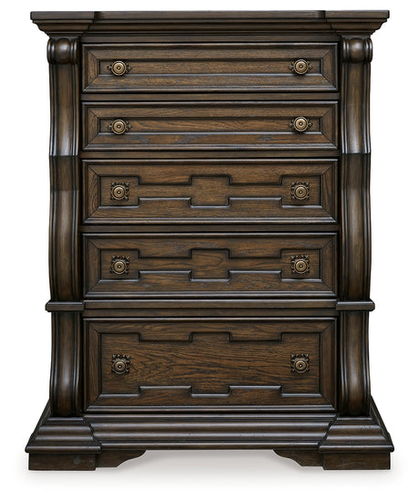 Maylee Dark Brown Queen Panel Bedroom Set with Dresser, Mirror, Chest and 2 Nightstands - Ornate Home