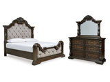 Maylee Dark Brown Queen Upholstered Bed & Dresser & Mirror - Ornate Home