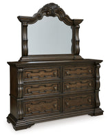 Maylee Dark Brown Queen Upholstered Bed & Dresser & Mirror - Ornate Home