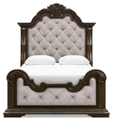 Maylee Dark Brown Queen Upholstered Panel Bedroom Set with Dresser, Mirror and Nightstand (Online Special Price) - Ornate Home