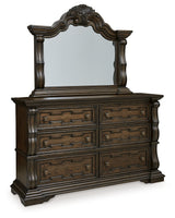 Maylee Dark Brown Queen Upholstered Panel Bedroom Set with Dresser, Mirror and Nightstand - Ornate Home