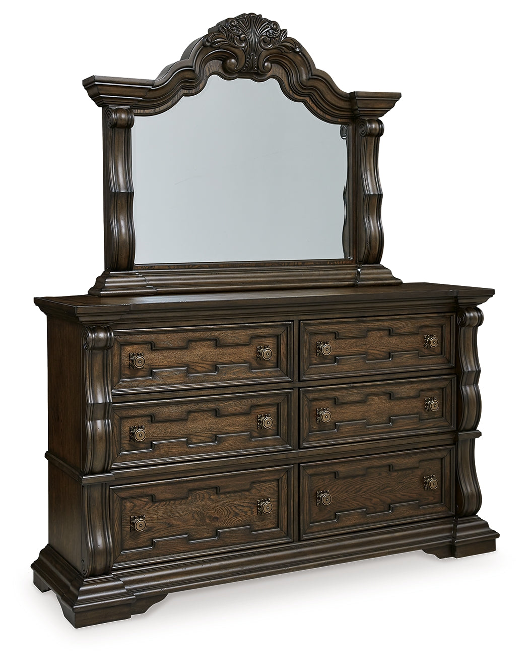Maylee Dark Brown Queen Upholstered Panel Bedroom Set with Dresser, Mirror and Nightstand - Ornate Home