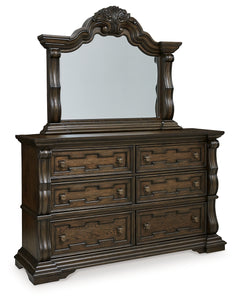 Maylee Dark Brown Queen Upholstered Panel Bedroom Set with Dresser, Mirror and Nightstand - Ornate Home