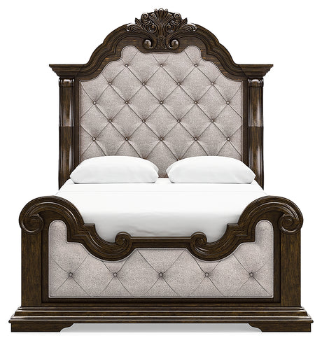 Maylee Dark Brown Queen Upholstered Panel Bedroom Set with Dresser, Mirror and Nightstand - Ornate Home