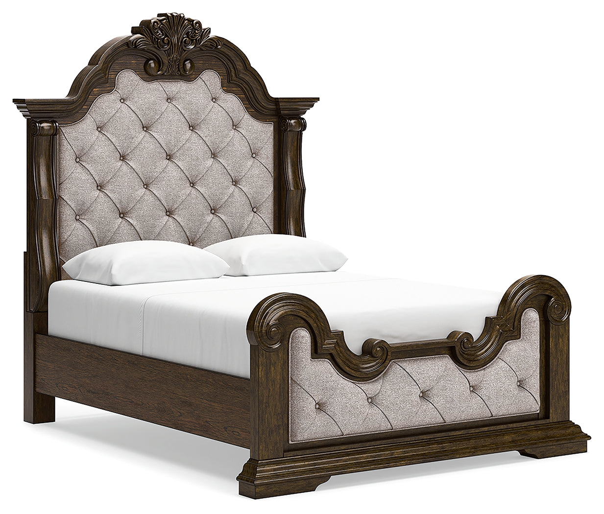 Maylee Dark Brown Queen Upholstered Panel Bedroom Set with Dresser, Mirror and Nightstand - Ornate Home