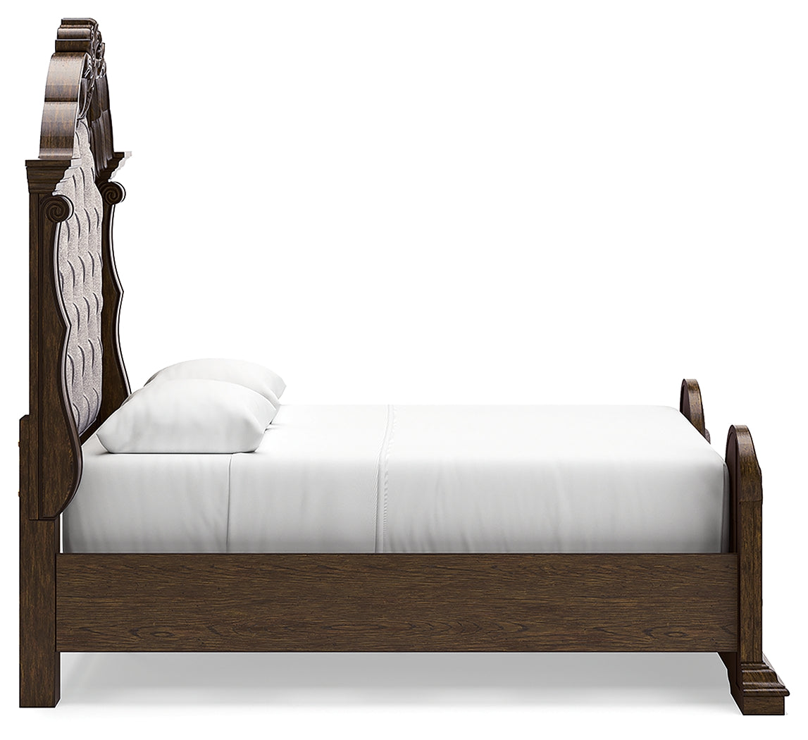 Maylee Dark Brown Queen Upholstered Panel Bedroom Set with Dresser, Mirror and Nightstand - Ornate Home