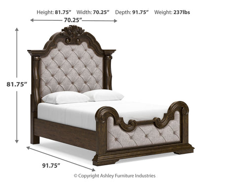 Maylee Dark Brown Queen Upholstered Panel Bedroom Set with Dresser, Mirror and Nightstand - Ornate Home