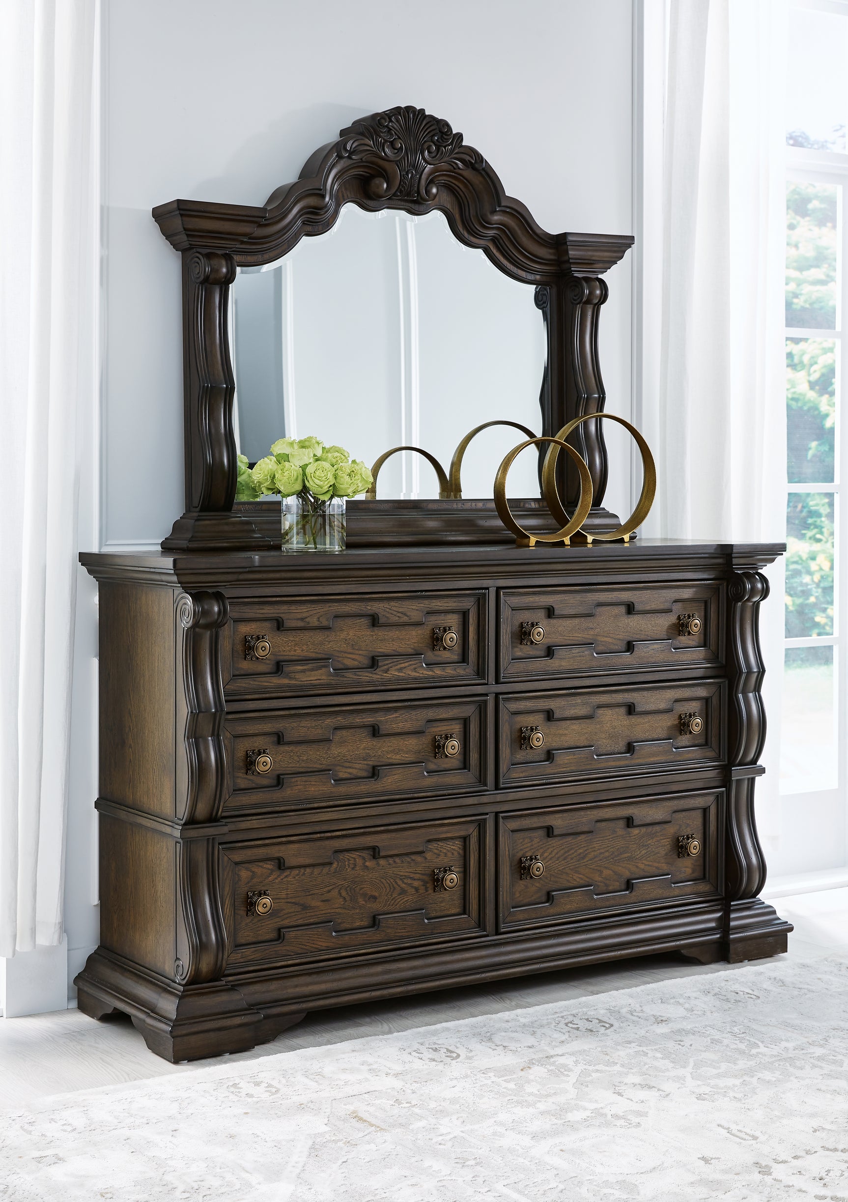 Maylee Dark Brown Queen Upholstered Panel Bedroom Set with Dresser, Mirror and Nightstand - Ornate Home
