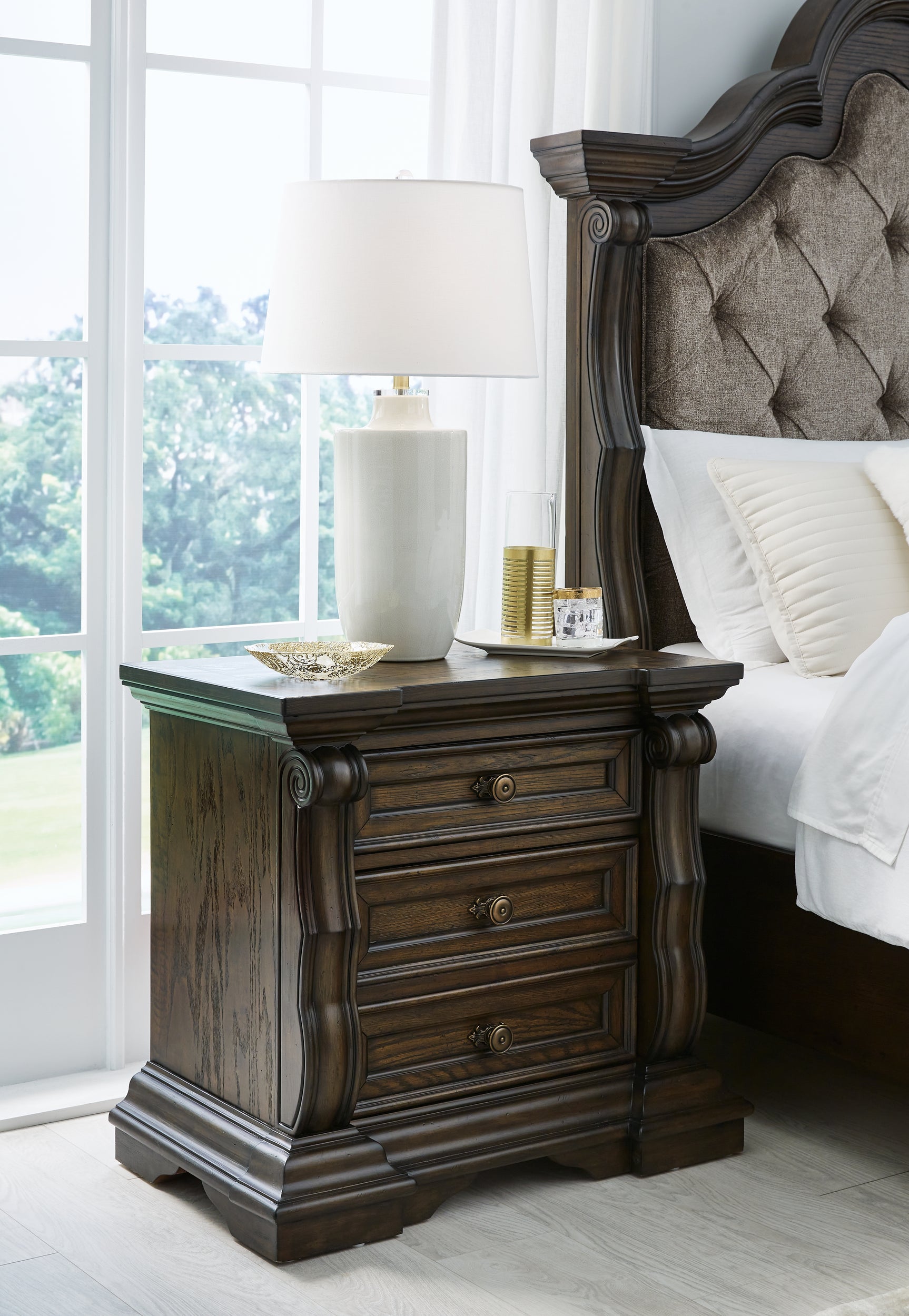Maylee Dark Brown Queen Upholstered Panel Bedroom Set with Dresser, Mirror and Nightstand - Ornate Home