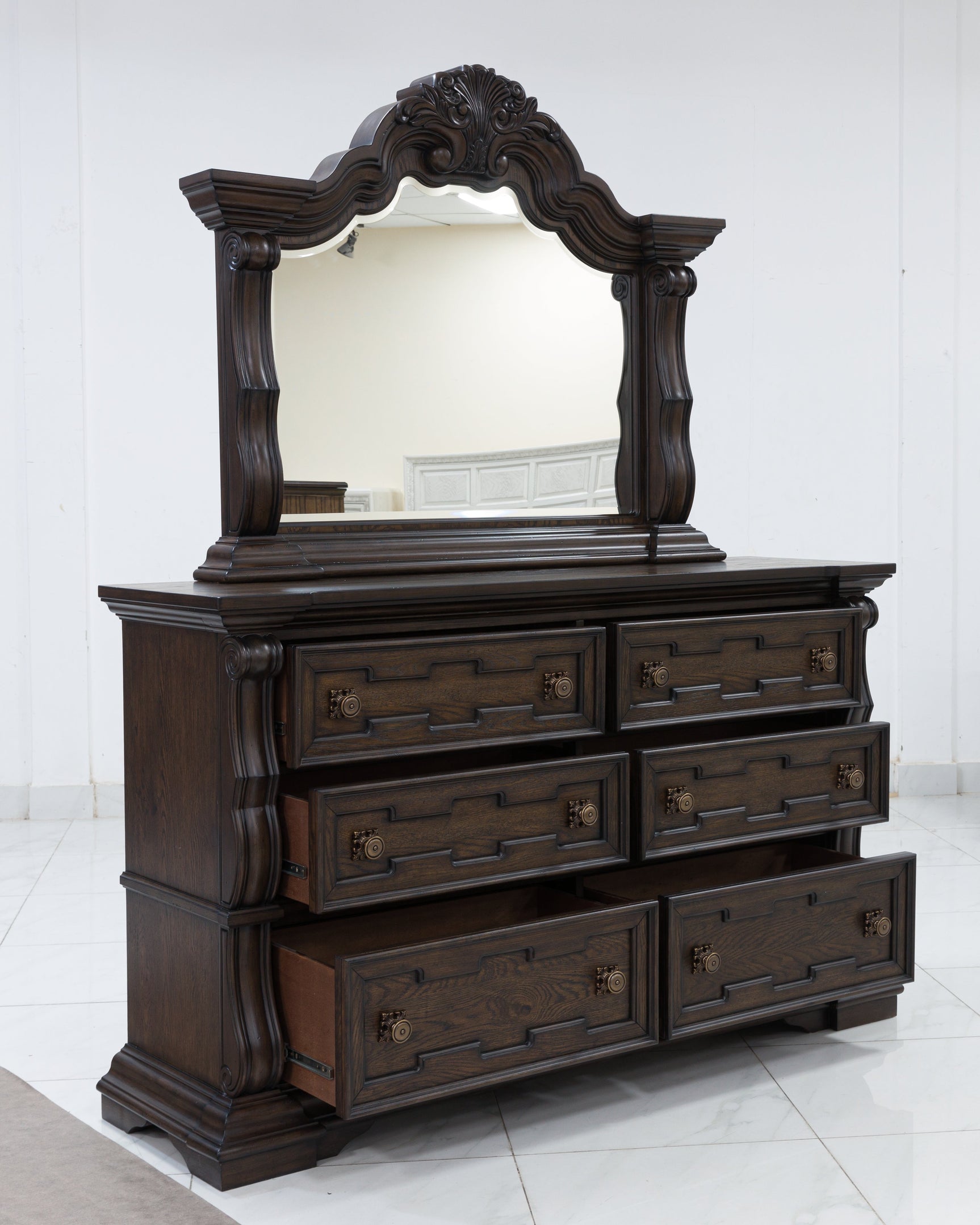 Maylee  King Upholstered Bed & Dresser & Mirror & Chest & 2 Nightstands (Online Special Price) - Ornate Home