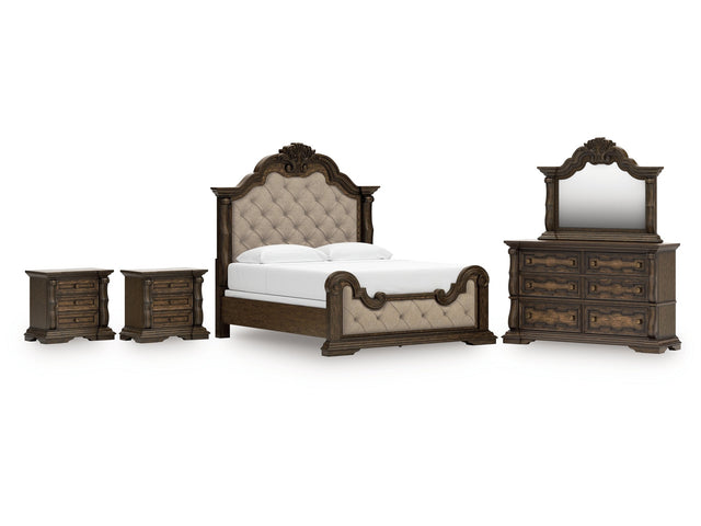 Maylee King Upholstered Bed, Dresser, Mirror and 2 Nightstands - Ornate Home