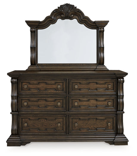 Maylee King Upholstered Bedroom Set with Dresser and Mirror - Ornate Home