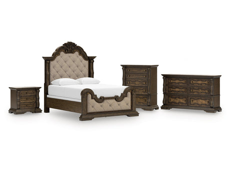 Maylee Queen Upholstered Bed, Dresser, Chest and Nightstand - Ornate Home