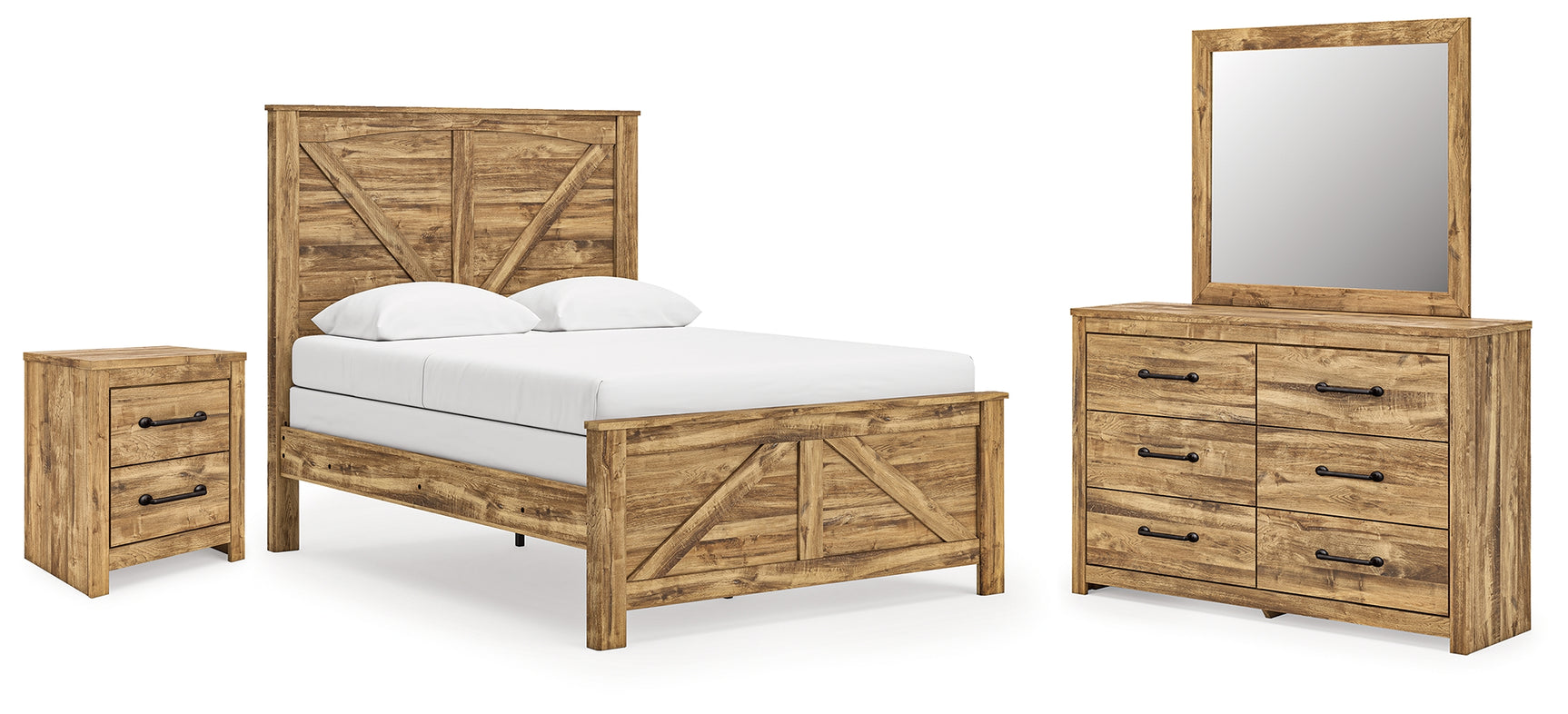 Maystonna Brown Queen Crossbuck Panel Bed, Dresser, Mirror and Nightstand - Ornate Home