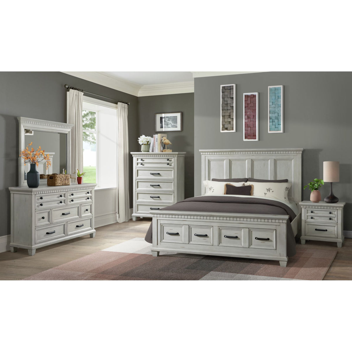 McCoy Antique White 3-Piece Queen Storage Bedroom Set - Ornate Home