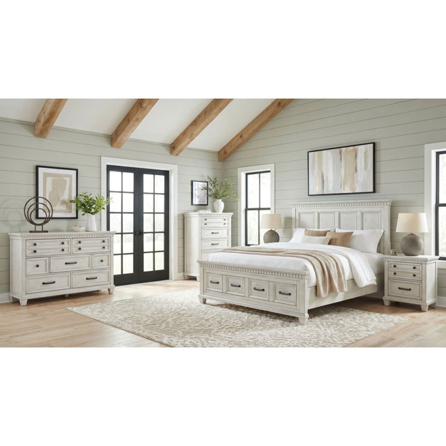 McCoy Antique White 5-Piece Queen Storage Bedroom Set with 2 Nightstands, Dresser & Chest - Ornate Home