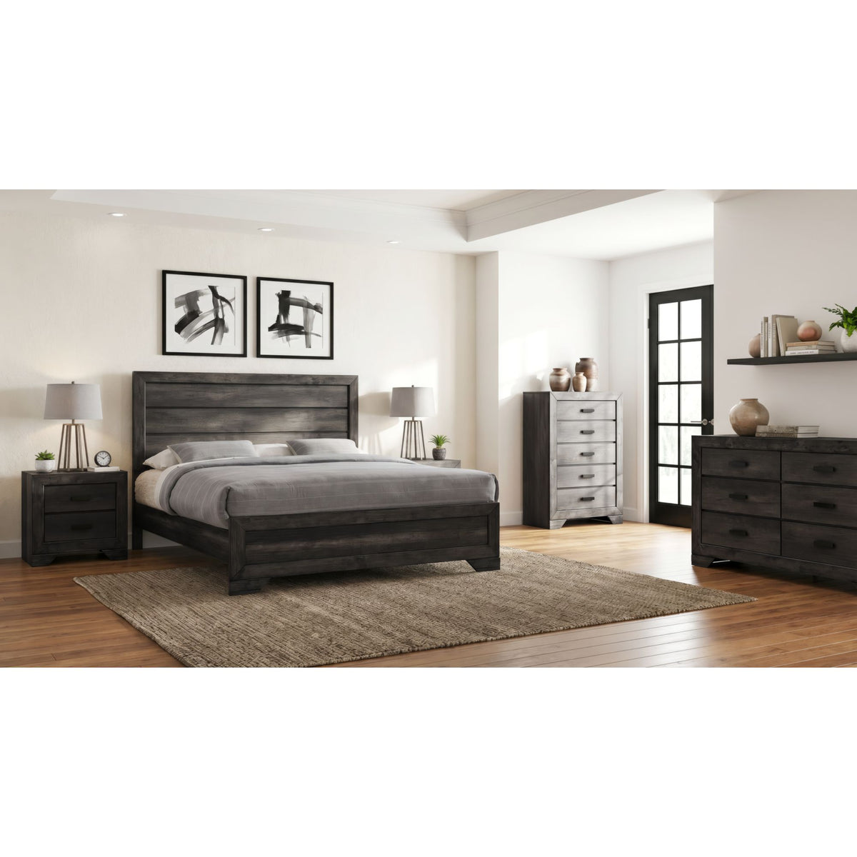 McCoy Charcoal 5-Piece Queen Storage Bedroom Set with 2 Nightstands, Dresser & Chest - Ornate Home